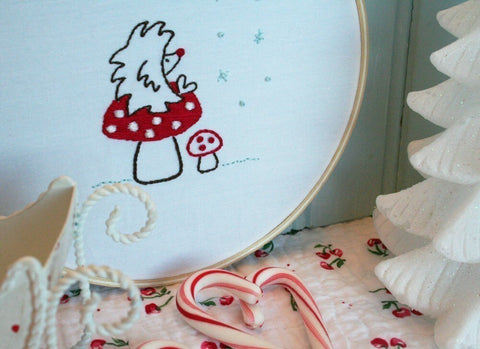 Winter Hedgehog on a Mushroom Embroidery Pattern - PDF