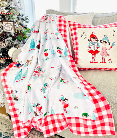 Pixie Noel Christmas Minky Throw Blanket 60" X 80" - Aqua Gingham border
