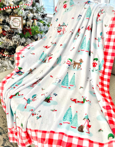 Pixie Noel Christmas Minky Throw Blanket 60" X 80" - Aqua Gingham border