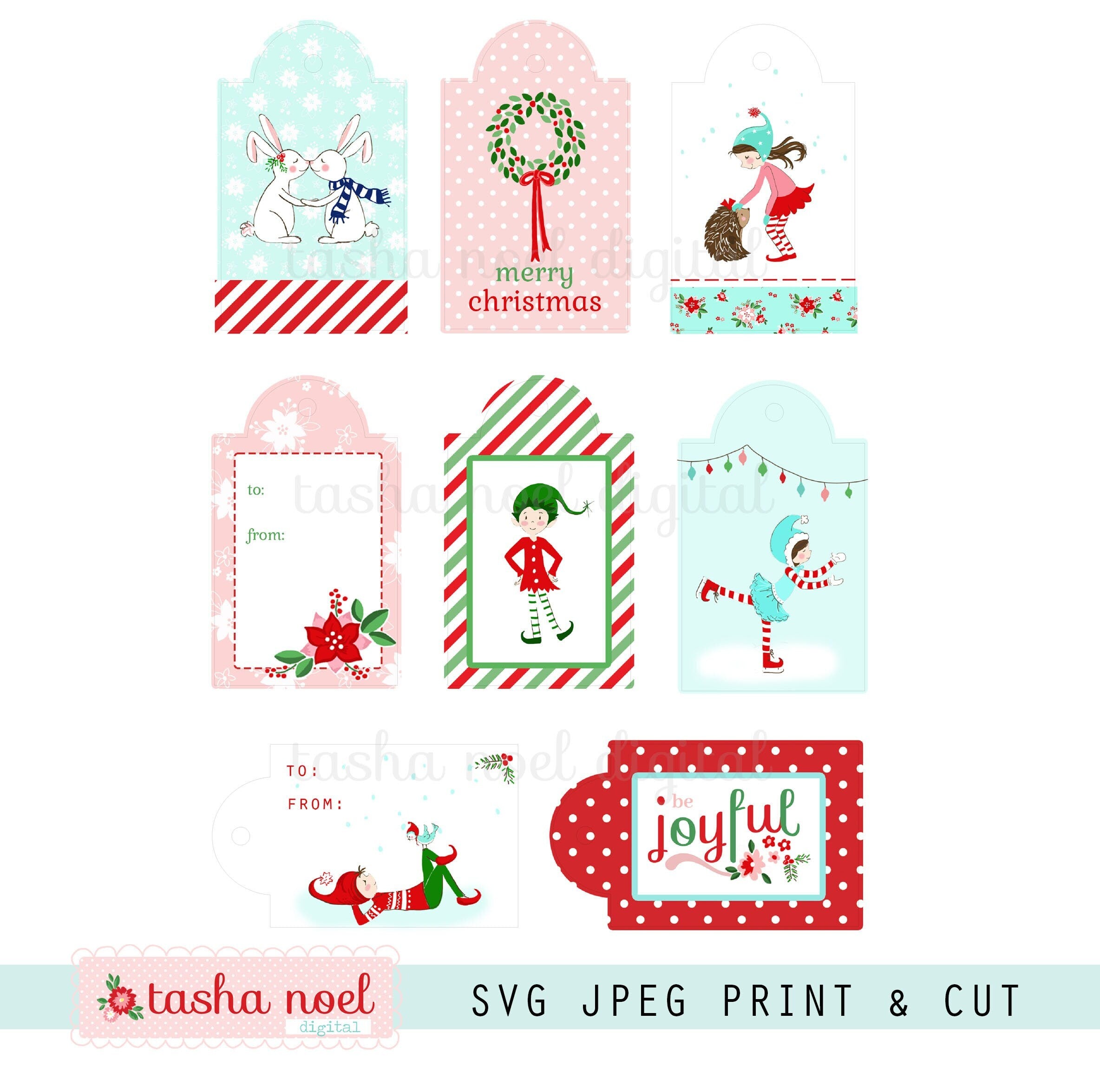 Christmas Printable Tags SVG, Pixie Noel Elf Christmas Winter SVG Gift Tags, Christmas SVG tag, Print and Cut Christmas Tags