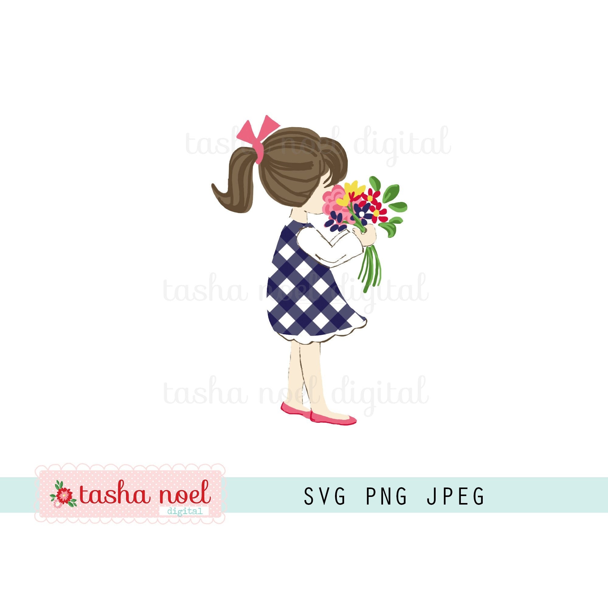 Flower Girl Printable SVG, Vintage Market Girl SVG, Print and Cut Girl with Flowers, Tasha Noel SVG, Summer, Spring, Shopping Girl